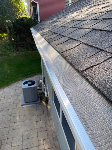 Gutter guard on the rain gutter of a house.